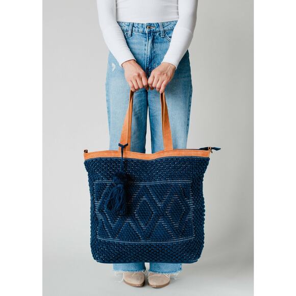 Navy Blue Leather Trim Diamond Pattern Cotton Blend Textured Tote Bag Pom Tassel - Picture 3 of 3